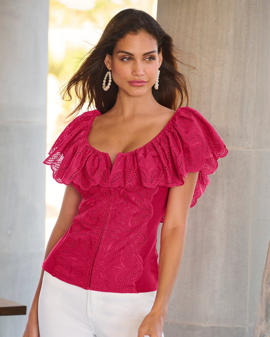 Eyelet Ruffle Zip-Up Top Raspberry