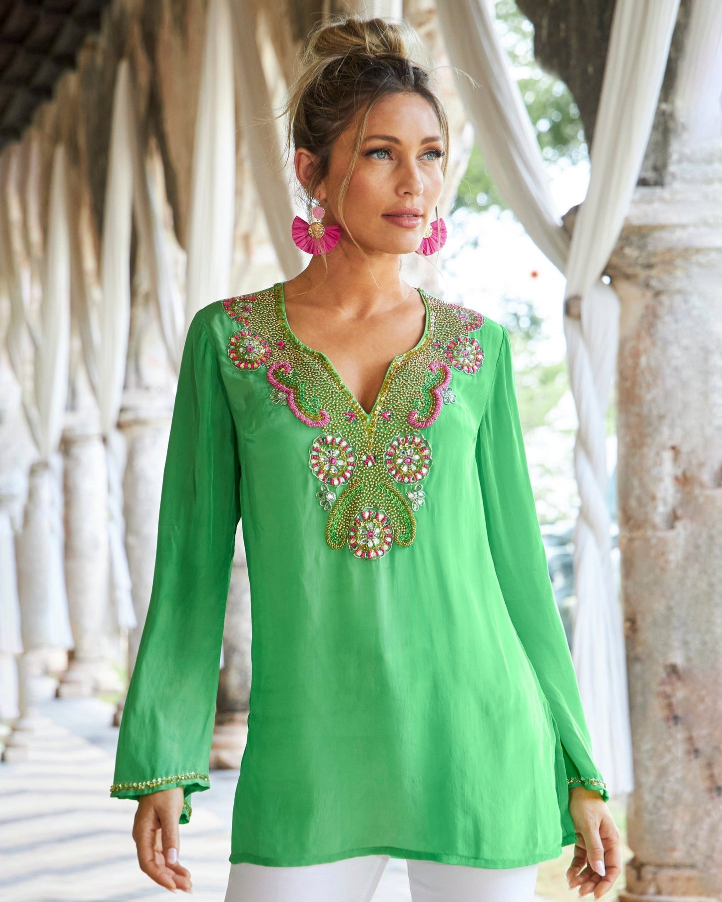 Novelty Beaded V-Neck Tunic Top Green