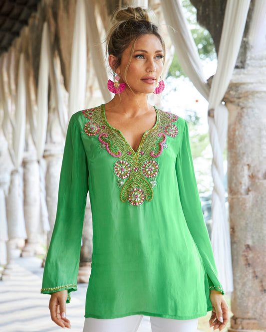 Novelty Beaded V-Neck Tunic Top Green