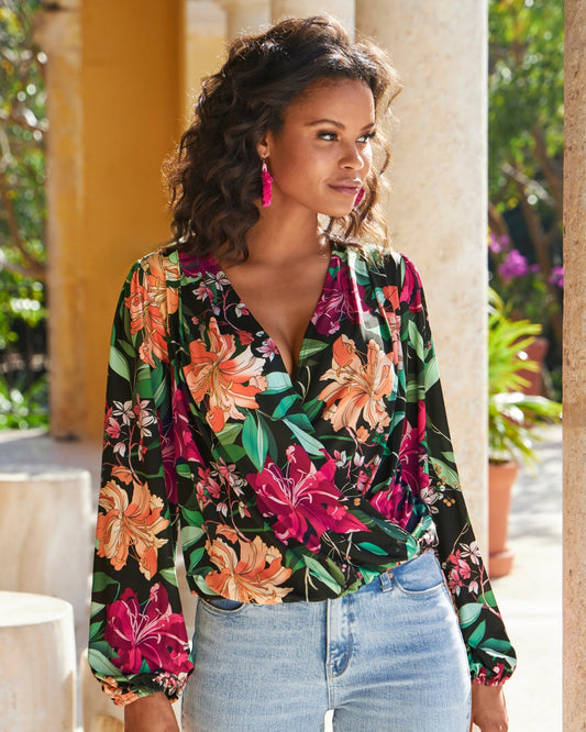 Floral Surplice Top Black Multi