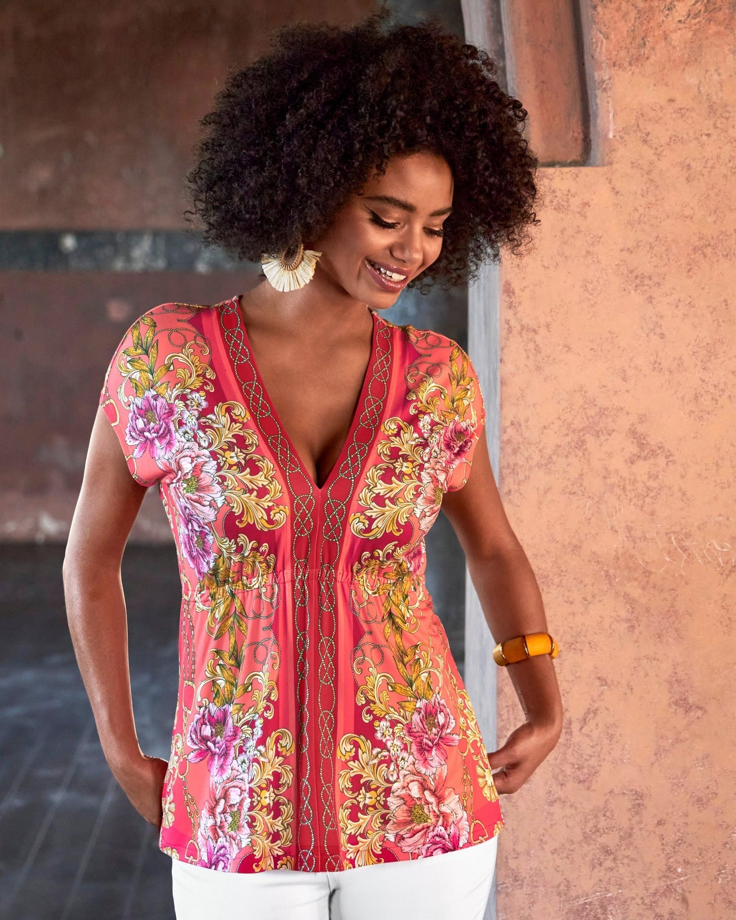 Status Printed Drawstring Knit Top Orange Multi