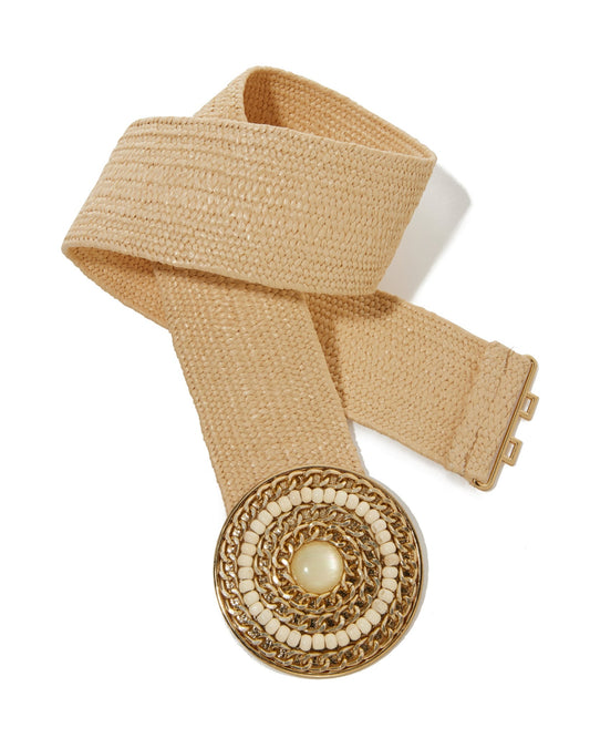 Raffia Stretch Waist Gold Chain Buckle Belt Natural