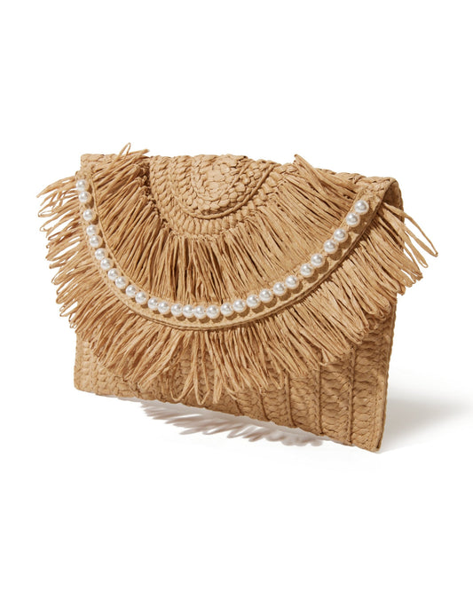 Straw and Pearl Fringe Clutch Natural