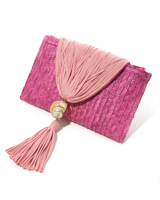 Macrame Raffia Shell Clutch Pink