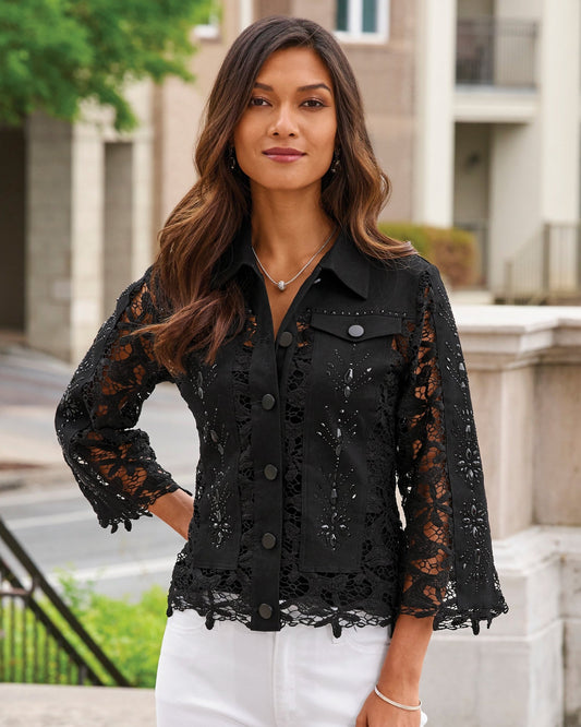 Embellished Lace Three-Quarter Sleeve Denim Jacket Black