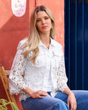 Embellished Lace Three-Quarter Sleeve Denim Jacket White
