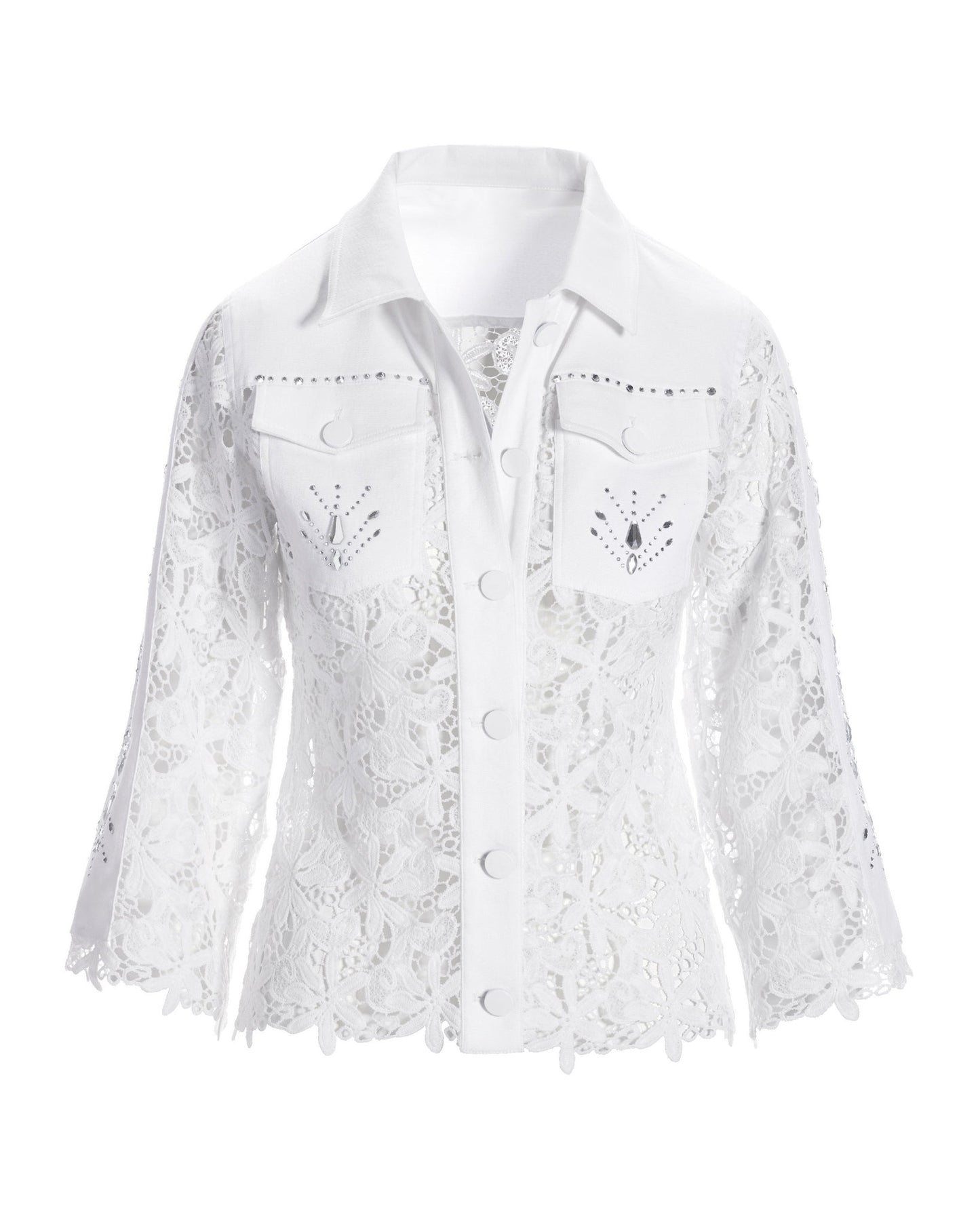 Embellished Lace Three-Quarter Sleeve Denim Jacket White