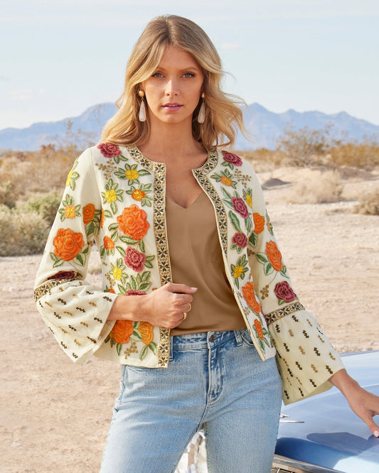 Floral Embroidered Metallic Trim Jacket Multi