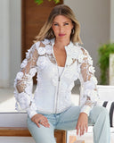 Mesh 3D Rosette Zip Jacket White