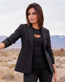 Essential Stretch Ruched Sleeve Single Button Blazer Black