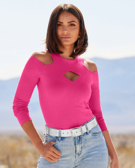 So Sexy Keyhole Cold Shoulder Knit Top Fuchsia Purple