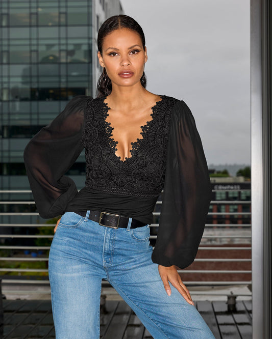 Scallop Lace Long Sleeve Top Proper Black
