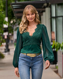 Scallop Lace Long Sleeve Top Deep Emerald
