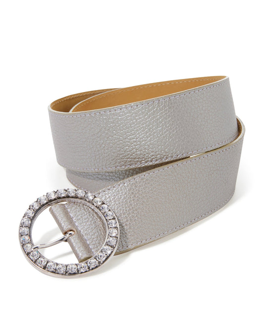 Round Crystal Metallic Leather Belt Silver
