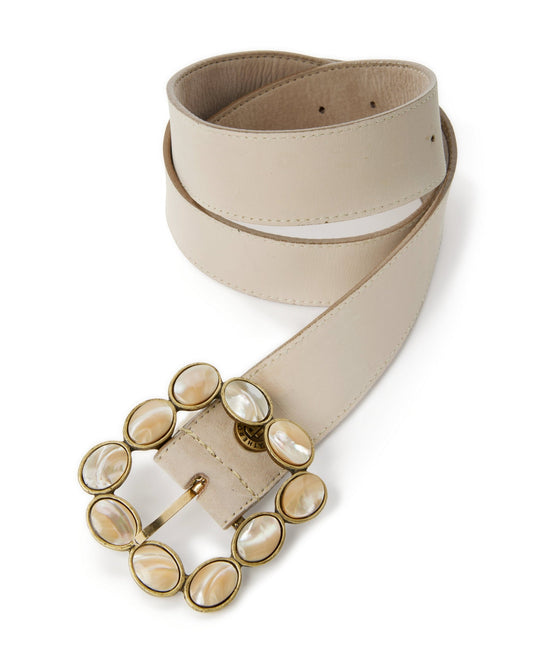 Leather Square Stone Buckle Belt Beige