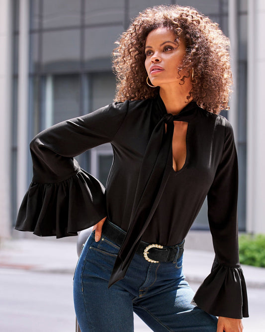 Keyhole Tie Neck Ruffle Sleeve Blouse Black