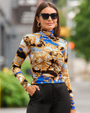 So Chic Luxe Status Printed Ruched Turtleneck Blue