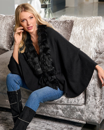 Faux Fur Tie Waist Poncho Black