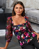 Floral Scuba and Organza Sleeve Top Multi