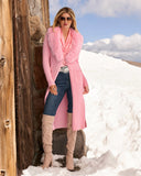 Faux Fur Collar Ribbed Long Cardigan Rose Shadow