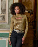 Keyhole Mock Neck Metallic Top Gold