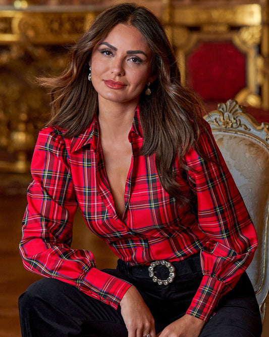 Holiday Plaid Victoria Drama Sleeve Shirt Red/Black