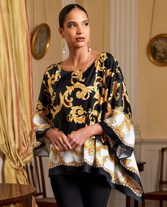 Regal Status Print Kimberly Poncho Charmeuse Blouse Black/Gold