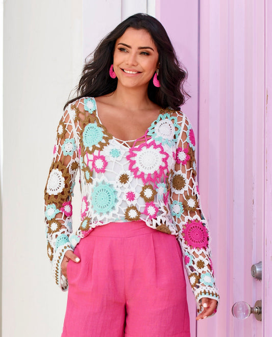 Crochet Flare Sleeve Pullover Multi