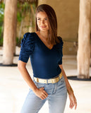 So Modern Ruched Sleeve V Neck Top Navy