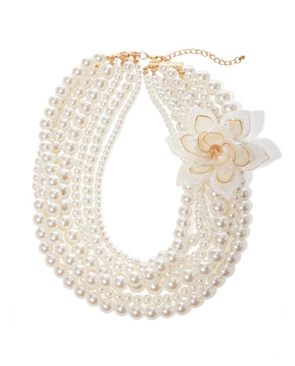 Layered Flower Pearl Necklace White/Gold