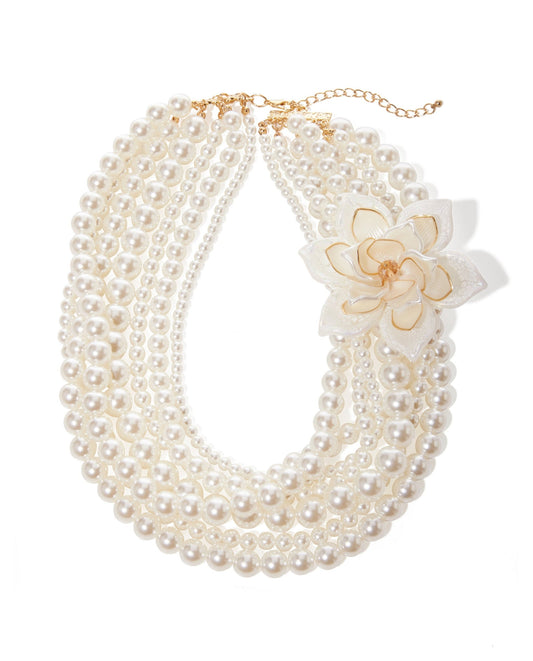 Layered Flower Pearl Necklace White/Gold