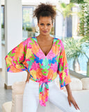 Mirrored Blooms Print Kate Tie Front Charmeuse Blouse Pink Multi