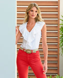 Mixed Media Poplin Ruffle Front Zip Top White
