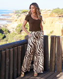 Malibu Chocolate Zebra Drawstring Wide Leg Pant Brown/Off White