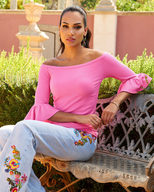 So Essential Rib Boatneck Flare Sleeve Top Shocking Pink