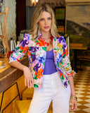 Romantic Florals Print Denim Puff Sleeve Jacket Multi
