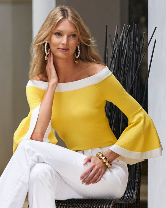 Color Block Flare Sleeve Sweater Yellow/White