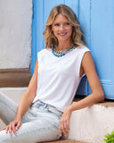 Jeweled Collared Neck T Shirt White