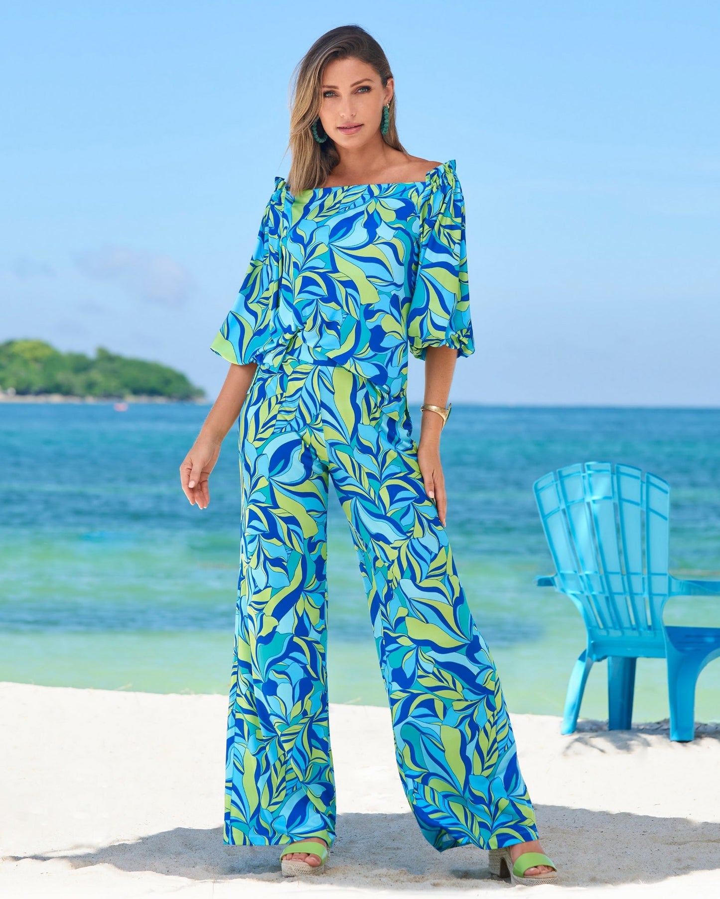 Malibu Limelight Leaves Print Knit Palazzo Pant Green/Teal