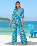 Malibu Limelight Leaves Print Knit Palazzo Pant Green/Teal