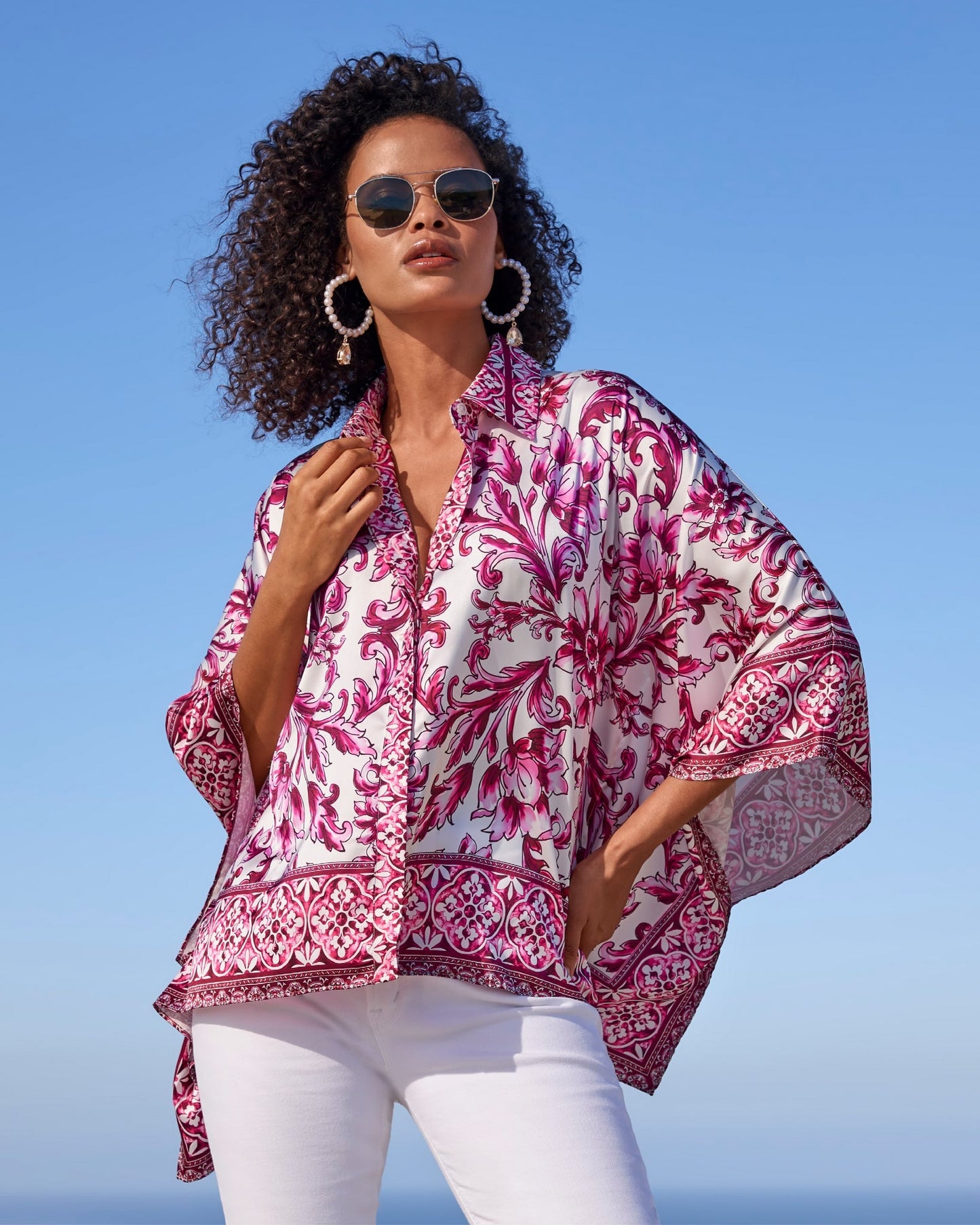 Bella Vita Border Print Roxy Poncho charmeuse blouse Pink Multi