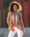 Regal Isla Print Halter Handkerchief Hem Charmeuse Blouse Orange