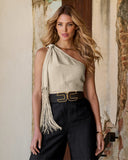 Linen Fringe One Shoulder Top Flax