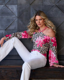 So Chic Cheetah Blooms Beaded Cold Shoulder Top Neutral/Pink