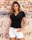 Rhinestone Eyelet V Neck Tee Proper Black
