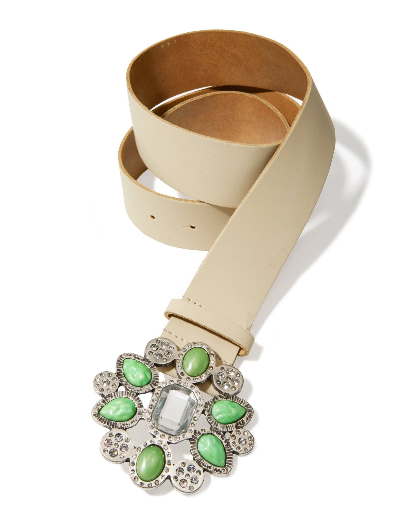 Studded Buckle Leather Belt Cream