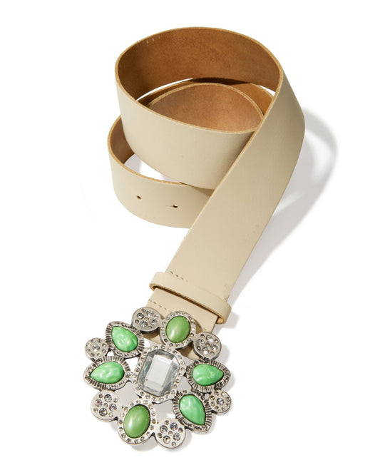 Studded Buckle Leather Belt Cream
