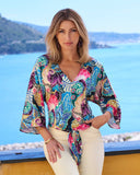 Jeweled Paisley Kate Tie Front Charmeuse Blouse Multi