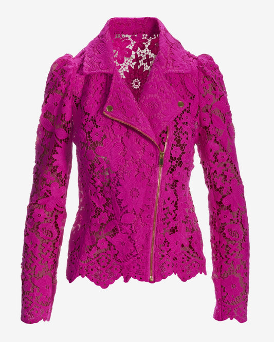 Scallop Trim Lace Moto Jacket Fuchsia