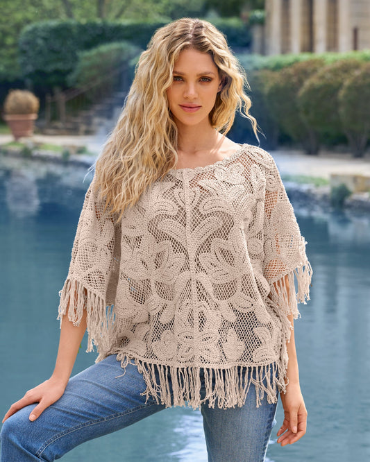 Crochet Slouchy Fringe Poncho Neutral